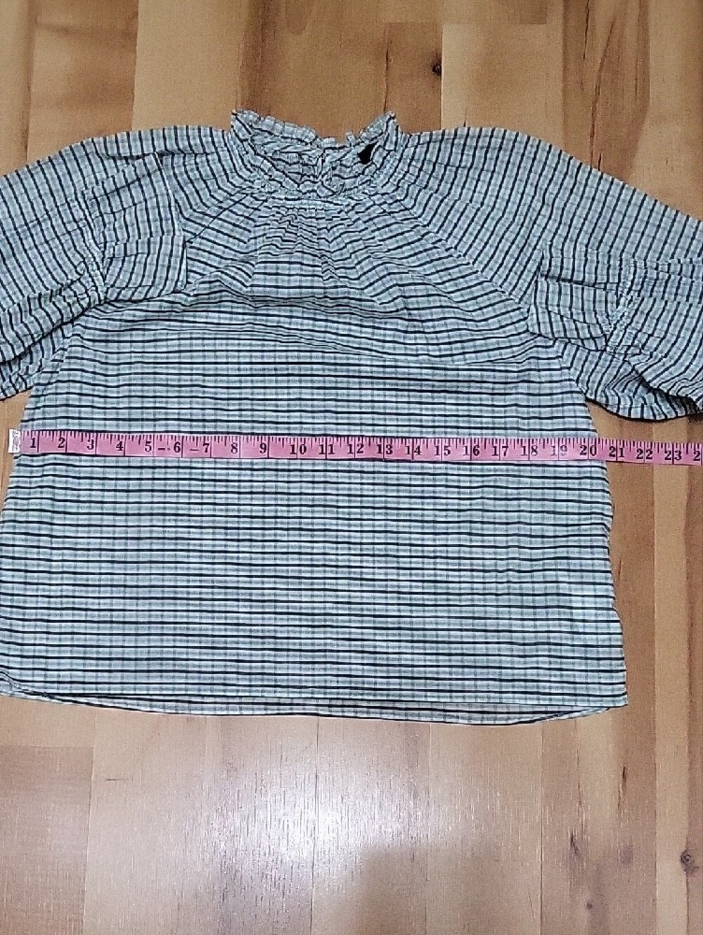J.Crew Blue Plaid Smocked Neck Ruffle Blouse Size Small Cotton Long Sleeve Top - Picture 11 of 14